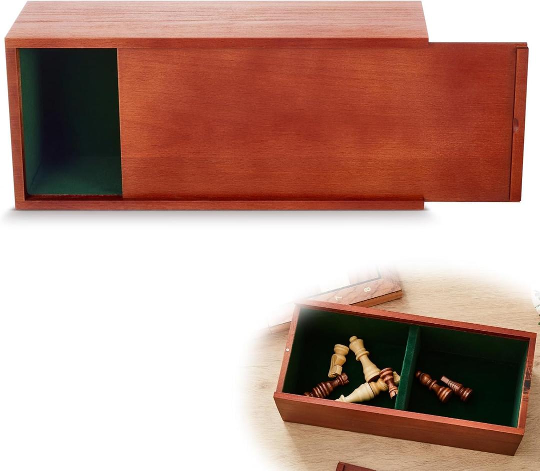 Heavy Slide-top Chess Pieces Storage Box Wooden Case Only 12.5 x 5.5 x 4 Inches with Flannel Lining with 2 Large Storage Compartments Hold a Set of Chess Pieces from 3.0" to 4.4"