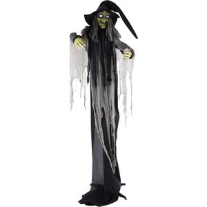 Haunted Hill Farm 9.5-Ft. Animatronic Witch, Indoor or Covered Outdoor Halloween Decoration, Prop With Light-up White Eyes, Poseable and Battery Operated Fright Prop for Home
