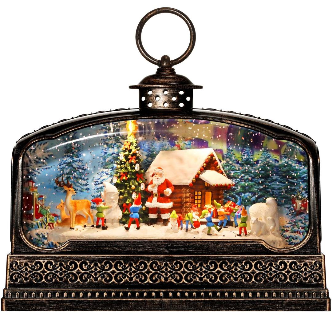 Christmas Snow Globe Christmas Decorations Gifts Santa Claus Snowman Church Cabin Village Scene USB/Battery Timer Music Glitter Snowfall Lantern