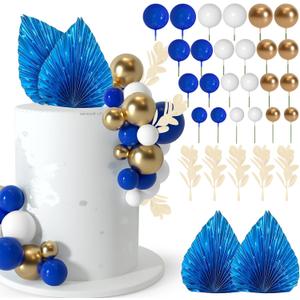 NEBURORA 64 Pcs Balls Cake Toppers and Leaves Decoration Set Mini Balloons for Cake Decorating Supplies Balls Cake decorations for Baby Shower Cake Toppers Birthday Cake Decorations(Blue Gold