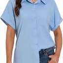 GUANYY Womens Short Sleeve Button Down Shirt Casual Collared Dress Shirt Lightweight Work Top Blouse (Blue, XL)