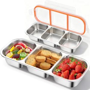 2Pack Reusable Stainless Steel Snack Containers with Leakproof Lids 3 Compartment, Stackable Metal Food Storage Lunch Boxes for Adults, Meal Prep, Travel, Office (Orange)