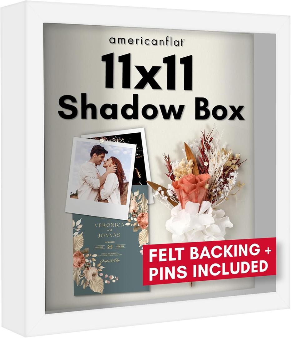 Americanflat 11x11 Shadow Box Frame with Shatter-Resistant Glass - Silhouette Collection - Large Shadow Box Display Case for Tabletop and Wall Display - White with Soft Felt Back
