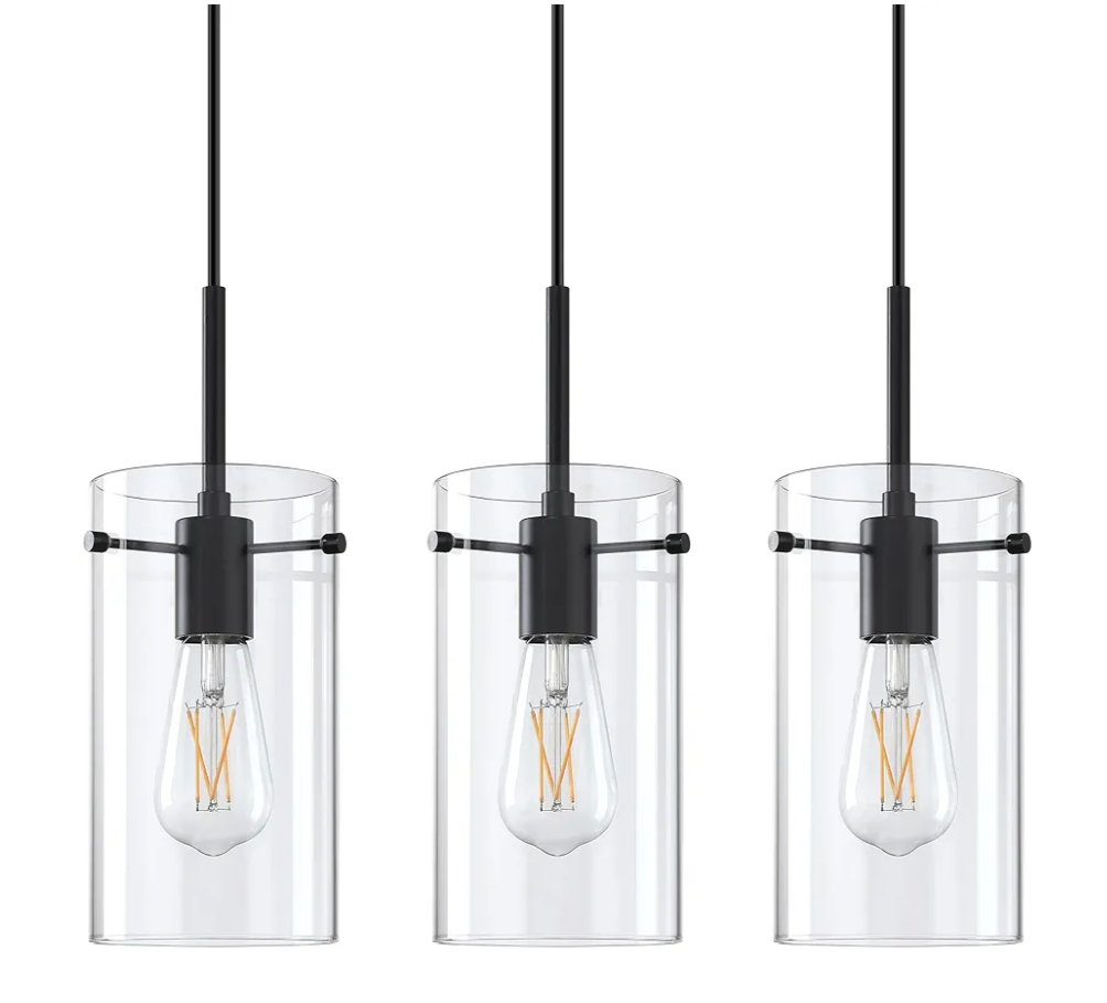 3 Pack 1 Light Indoor Mini Hanging Kitchen Island Pendant Ceiling Light 5.36" Clear Glass Chandelier Shade Fixture,Black Finish for Bar Dining Room Bedroom Over Sink