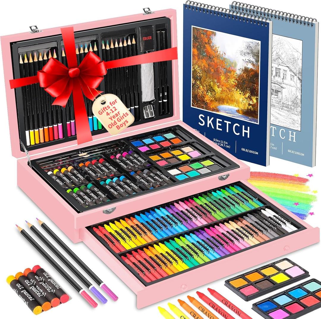 Art Supplies,156-Pack Deluxe Art Set Drawing Kit with 2 Sketch Book, Arts and Crafts, Art Supplies for Girls Ages 6-8 9-12 13 14 Year Old Girl, Cool Birthday Gifts (Pink)