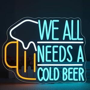 Dimmable Beer Neon Sign Wall Decor – LED Light Sign with USB Power 5V/ 2A for Bar, Man Cave, Kitchen, Game Room, Party – Fun "We All Need A Cold Beer" Neon Light for Home