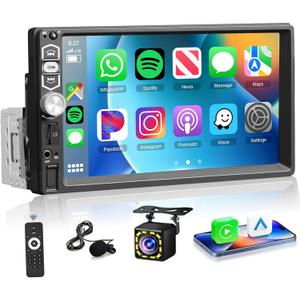 Single Din Car Stereo Radio with Carplay Android Auto,Podofo 7Inch 1080P HD IPS Touchscreen 5.1Bluetooth Car Radio Audio Support FM Radio EQ Mirror Link SWC USB/TF/Aux-in Ports+Backup Camera