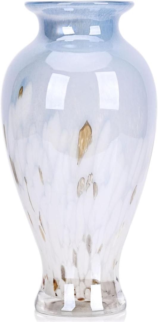 Murano Glass Vase - 11.8" Tall Hand Blown, Wide Mouth for Mantle or Dining Table, Small Blue White Wedding Decoration (Blue White)