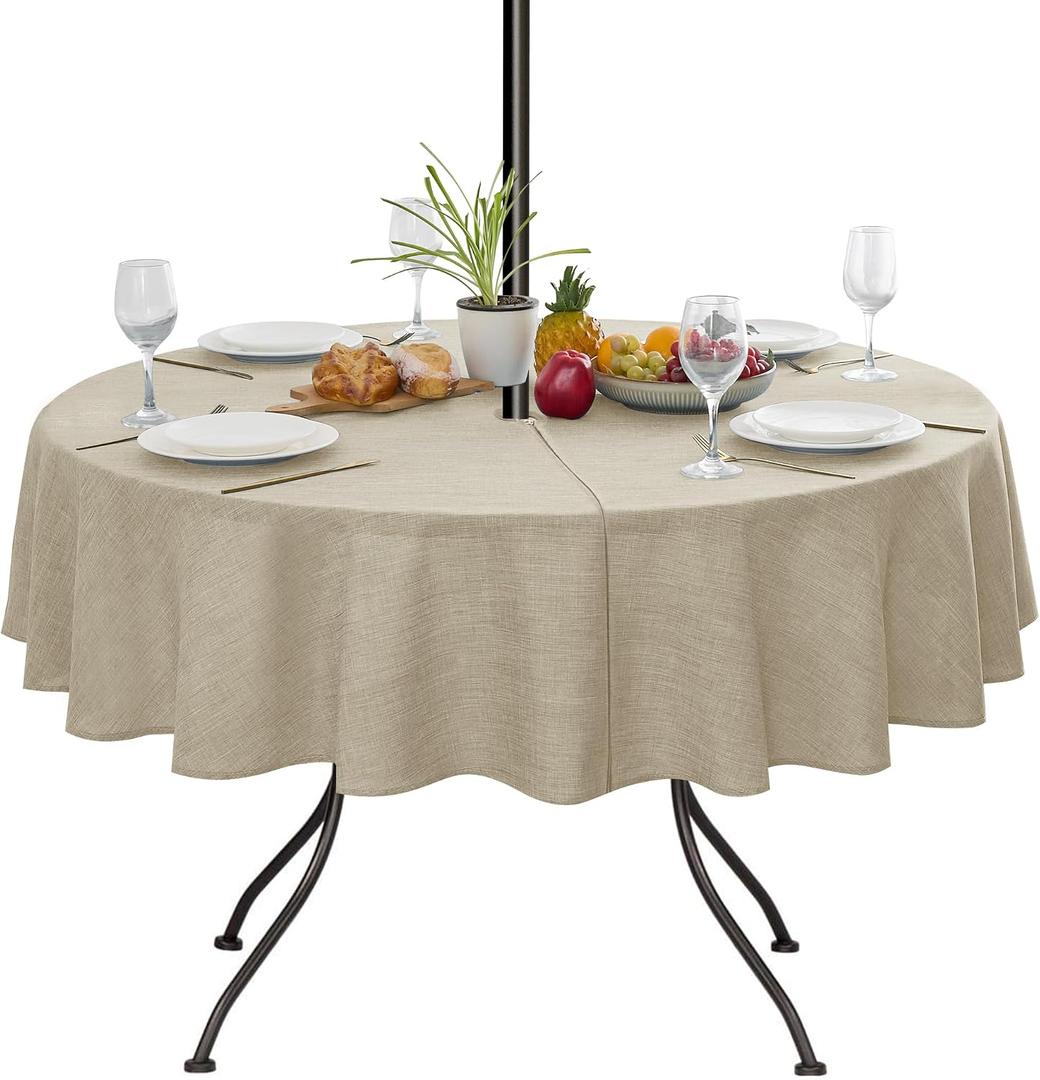 Outdoor Tablecloth with Umbrella Hole - Patio Table Cloth Zippered Round 60 Inch, Linen-Look Polyester Table Cover Water Resistant for Picnic Outside, Natural Color