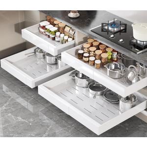 Seinloes 4 Pack Pull Out Cabinet Organizer 21" Deep,Full Extension 3 Slide Rails Slide Out Drawers With Raising Pad for Framed Cabinets,Expandable Width (15.4"-26.2"),No Drill Roll Out Shelves,White