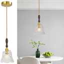 Modern Clear Pendant Light Brass Finish Hanging Lamp Fixture with Patterned Glass Shade & Walnut Wood Accent Vintage Hanging Lamp for Kitchen Island Dining Room Bedroom (1 Pack)