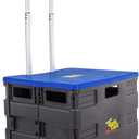 dbest products Quik Cart Collapsible Rolling Crate on Wheels for Teachers Tote Basket, 80 lbs Capacity, Blue Lid Made from Heavy Duty Plastic and used as a Seat