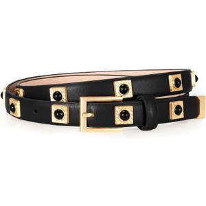 Studded Belt for Women Skinny Leather Belt Fashion Punk Thin Ladies Belt for Jeans Pants Dresses (Fit Waist Size 27"-31", 02-Gold Black)