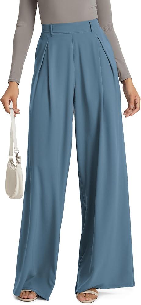 ODODOS Chiffon Flowy Pleated Wide Leg Pants for Women Lightweight High Waist Trouser with Pockets27 Inseam, Brittany Blue, Large