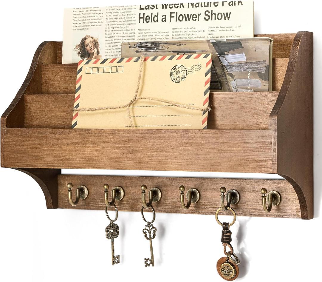 Rebee Vision Pine Wood Key Holder Wall Mount - Hanging Mail Holder for Wall with Key Hooks & 3-Tire Letter Slot - Multifunctional File Organizer for Home and Office Decor (Brown)