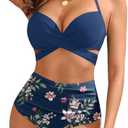 Blue Flower High Waisted Underwire Bikini Sets - Women 2025 Two Piece Swimsuits Halter Bathing Suits with Tummy Control Bottom M