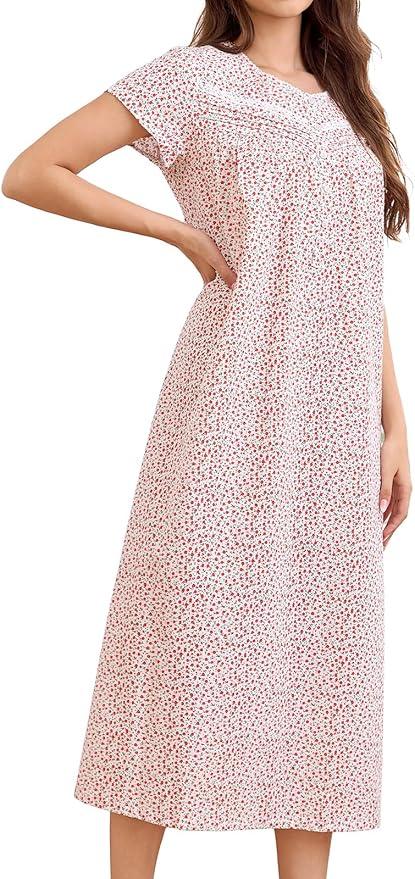 100% Cotton Nightgowns for Women Short Sleeves House Dress Nightdress Pajamas Sleepwear Ladies Night Gown, Size XL