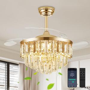 42" Fandelier Ceiling Fan with Light, Crystal Chandelier Fan with Retractable Blades LED Dimmable Crystal Ceiling Fan Chandelier for Bedroom Living Room Dining Room-Gold