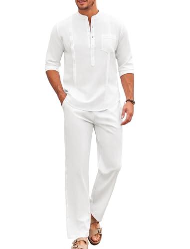 COOFANDY Men's 2 Piece Cotton Linen Sets Casual Long Sleeve Henley Shirts Yoga Pants Set Beach Cuban Outfits size 4xl