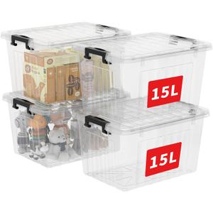 Cetomo 18Qt*4 Plastic Storage Bins, Storage Box, 4 Pack, Organizing Container with Durable Lids and Secure Latching Buckles, Stackable and Nestable, Clear with Black Buckle