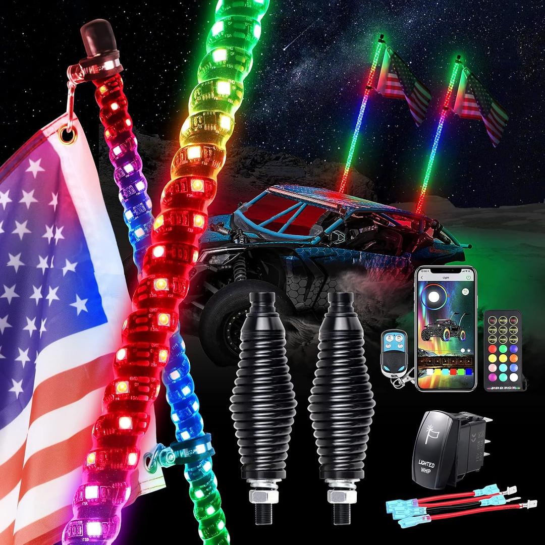 Whip Lights Uemicip 2PCS 2FT Spiral RGB LED Whip Light for UTV, with Spring Base App & RF Wireless Remote Control, Chasing Lighted Antenna Whips for UTV ATV RZR SXS Can-Am Polaris Offroad Truck