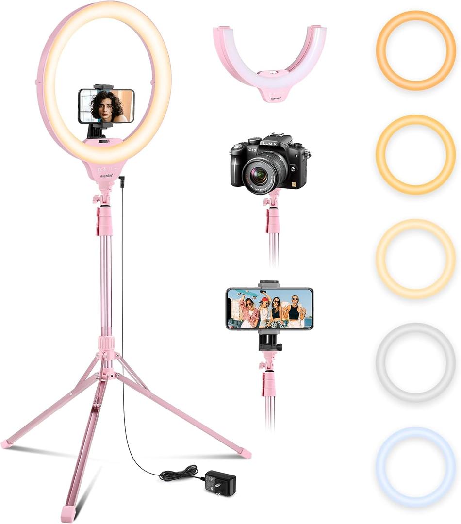 Aureday 14'' Pink Selfie Ring Light with 62'' Tripod Stand and Phone Holder, Dimmable LED Phone Ring light for Makeup/Video Recording/Photography, Circle Lighting for Cell Phones & Lightweight Cameras