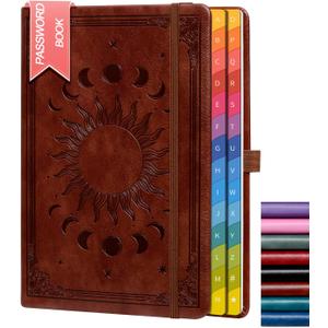 Password Keeper Book with Colorful Alphabetical Tabs, 5.7"8.4"Hardcover Internet Password Book for Organized Internet Website Address Logins, Password Notebook for Home Office, Dark Brown.