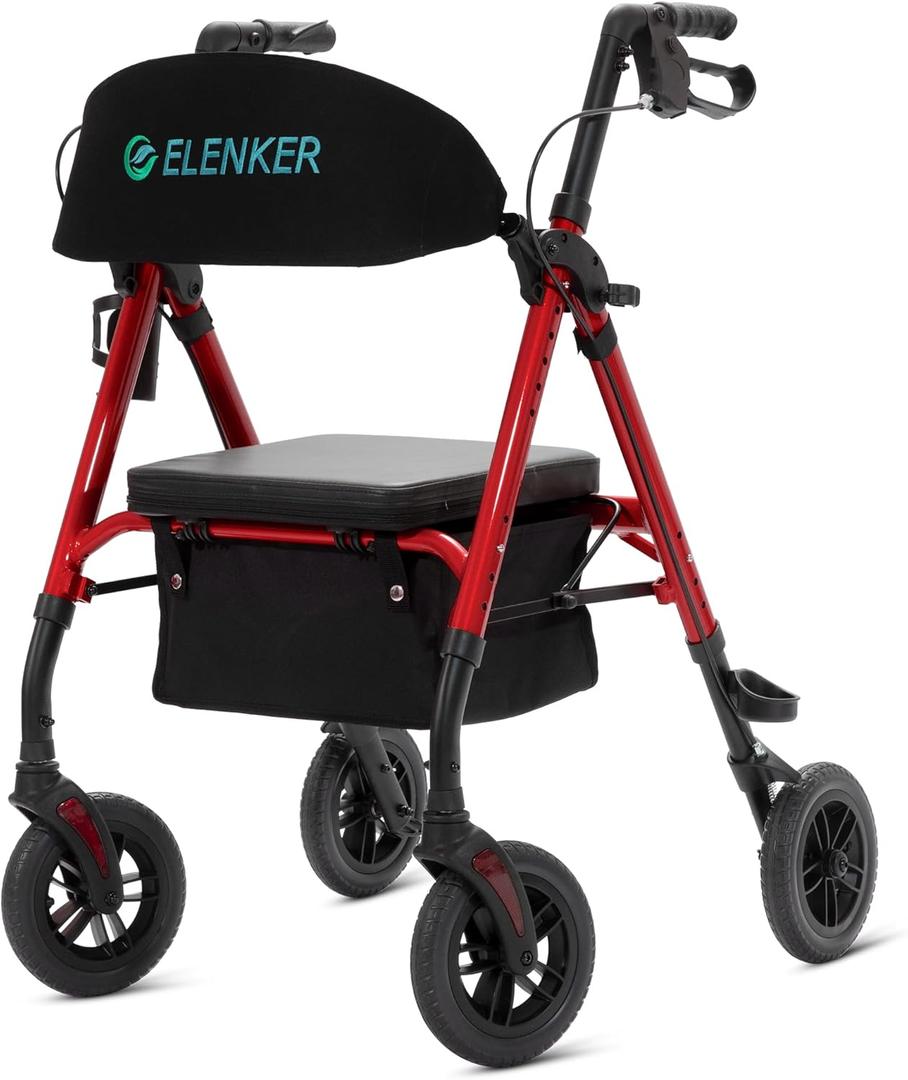 ELENKER All-Terrain Rollator Walker with 8 Non-Pneumatic Wheels, Sponge Padded Seat and Backrest, Fully Adjustment Frame for Seniors,Red