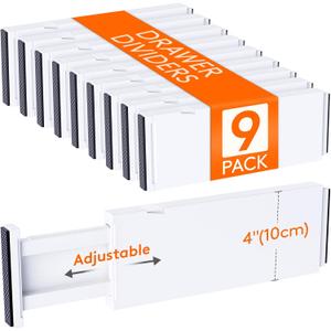 Lifewit 9 Pack Drawer Dividers 4" High, 11-17" Adjustable Drawer Organizers for Clothes, Expandable Dresser Separators in Bedroom/Bathroom/Kitchen/Fridge/Office Organization and Storage, White