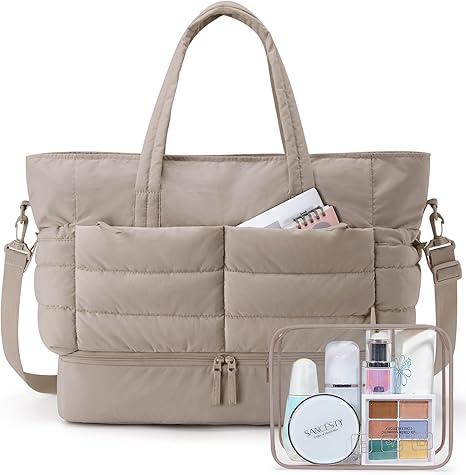 BAGSMART Large Travel Duffel Bag with Shoe Compartment, Puffer Carry-On Gym Weekender Bag for Women, Charcoal