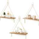 Mkono Macrame Hanging Shelves Boho Wall Decor Set of 3 Rustic Wood Floating Storage Shelf for Bedroom Bathroom Living Room Nursery Dorm Room, Display Shelving for Hanging Plants Photos (White)