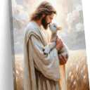 FWAHREN Christian Jesus and Lamb Canvas Wall Art, Good Shepherd Religious Painting Artwork, Framed Biblical pictures Poster Print Wall Decor for Church Prayer Room Home Office, Wrapped Canvas 16x24in