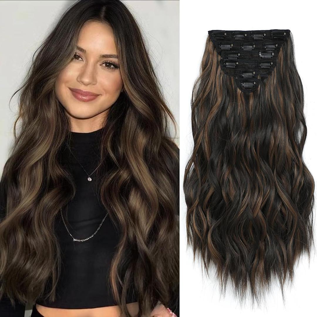 Clip In Synthetic Hair Extensions 6PCS 20 Inch Wavy Long highlights Brown Hair Extensions Thick Clip Ins Hairpieces Double Weft Full Head For Women Extension(230G,Auburn Chestnut) (Balayage Dark Brown to Chestnut)