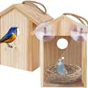 Window Bird House for Outside with Strong Suction Cup, Upgraded See Through Window Birdhouse for Viewing Inside, Wooden Bird Nesting Box for Bluebird Finch Chickadee Outdoors, Best Gift for Kids