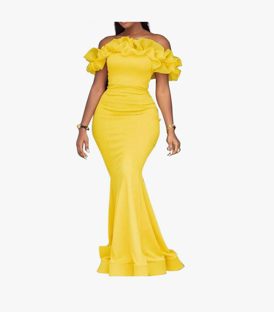 Cololura Sexy Floor-Length Off Shoulder Ruffles Stringy Selvedge Mermaid Bodycon Party Evening Maxi Dress 3XL
