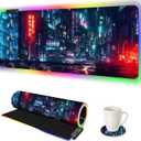 ARTSO RGB Gaming Mouse Pad Large, Extended Soft Led Mouse Pad with 14 Lighting Modes 2 Brightness, Water Resist Keyboard Pad, Computer Mousepads Mat 35.4x15.7inch, Night City