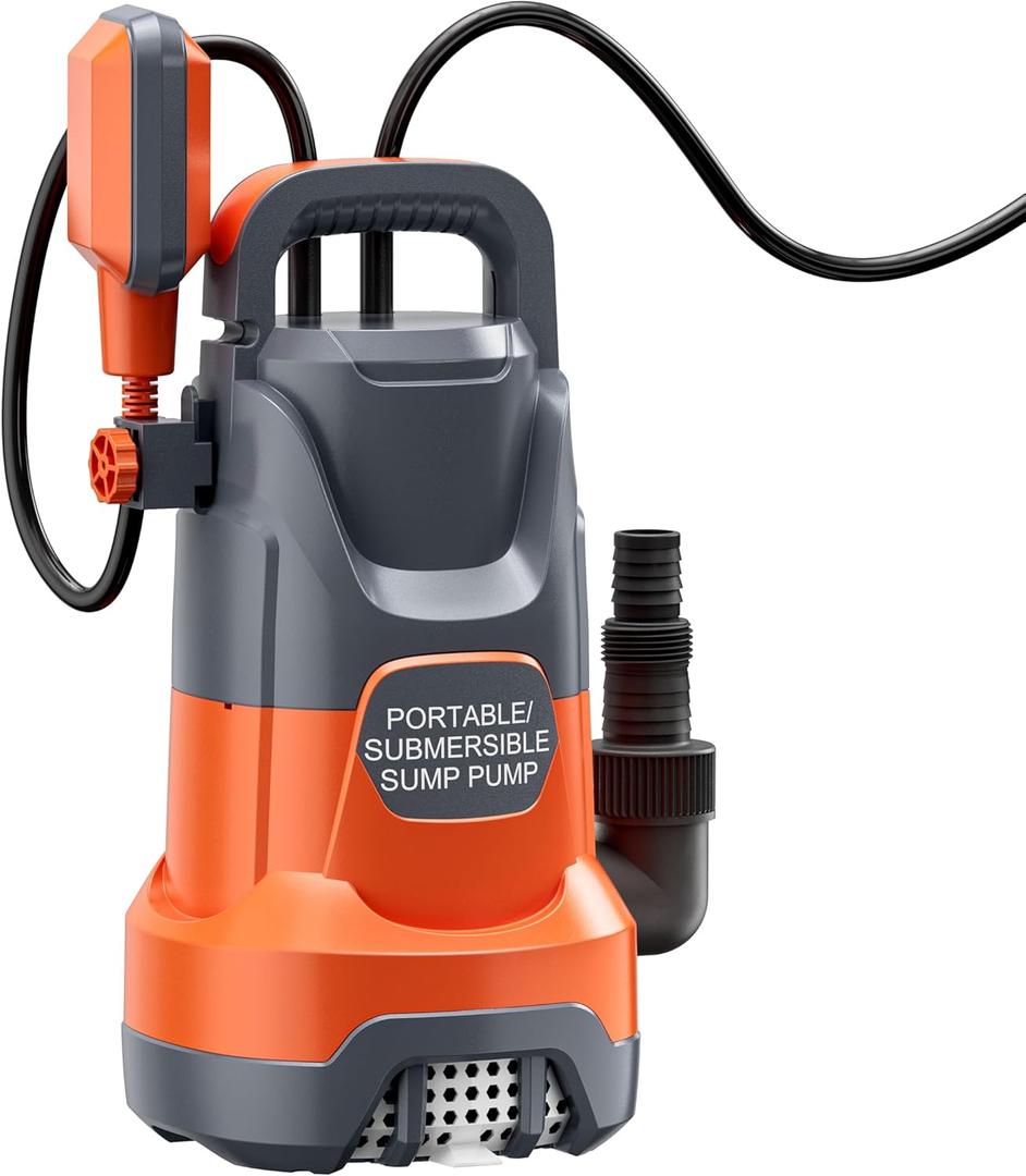 Sump Pump with Float 1HP Clean/Dirty Submersible Water Draining Pump 4500GPH Electric Portable Water Transfer Pumps for Pool Basement Garden Spa Hot Tubs Pond Flood Yard, Orange