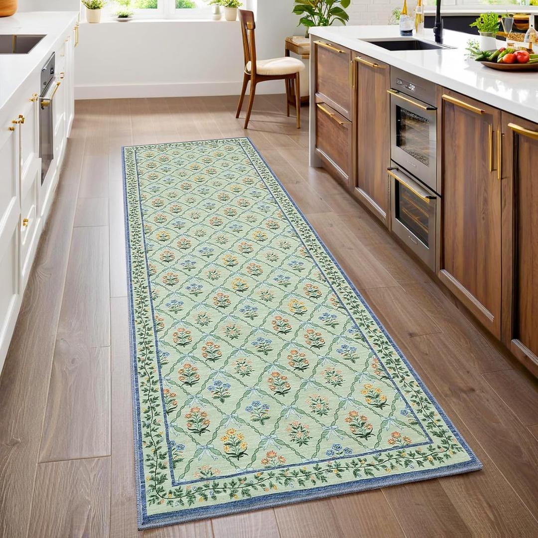 Kitchen Runner Rug Non Slip 2x6 Runners, Washable Area Rugs for Hallway, Flora Rug with Coquette Bow Pattern Soft Stain Resistant Indoor Carpet for Bedroom Entryway Laundry, Emerald Green