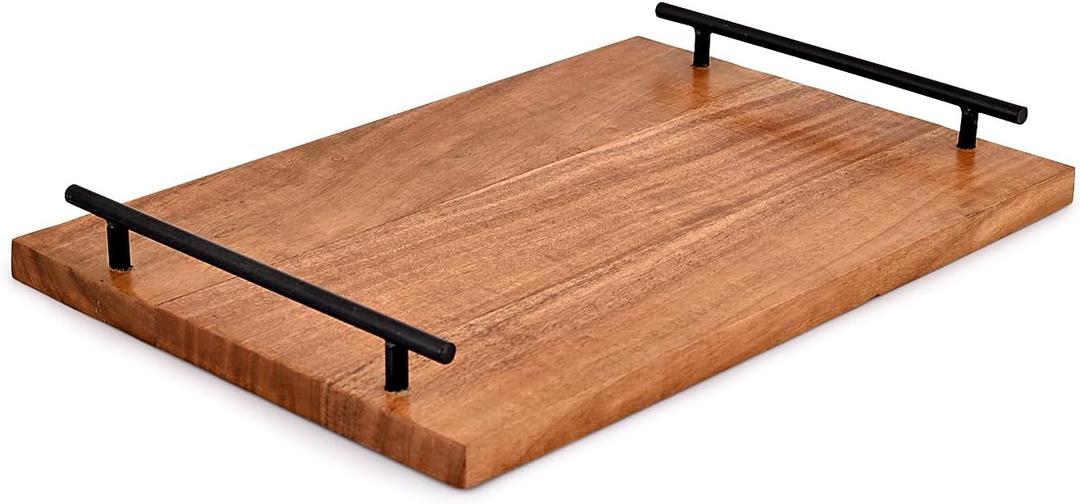 Acacia Wooden Serving Tray with Handles for Ottoman, Food, Breakfast, Eating (15" x 10" x 1.75")