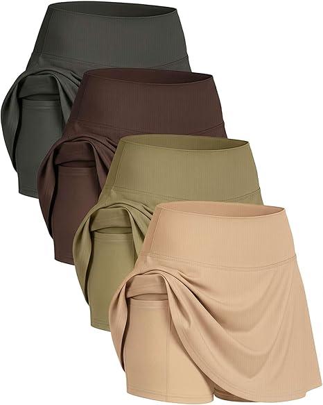 Real Essentials 4 Pack: Women's Ribbed Active Skort Pockets Skirt Running Tennis Golf Workout Sports, 2XL