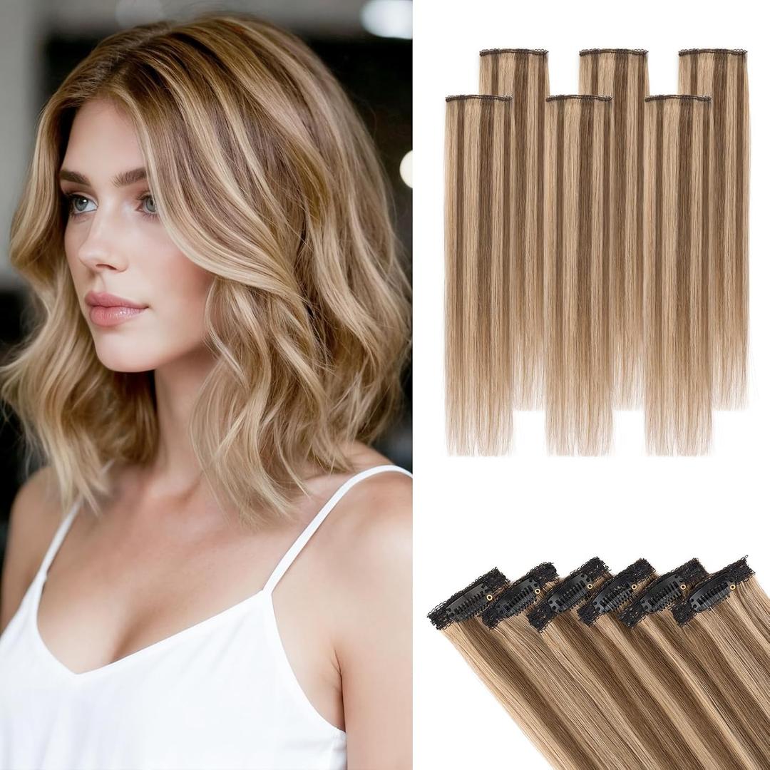 Short Hair Extensions Clip ins, S-noilite Short Clip in Hair Extensions Real Human Hair, Mini Hairpieces for Add Volume and Highlights,6 Pieces 31g 10 inch Medium Brown Mixed Dark Blonde