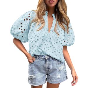 PRETTYGARDEN Women's Summer Tops 2025 Dressy Casual Short Sleeve V Neck Buttons Hollow Out Lace Embroidered Blouses Shirts (Light Blue, Medium)