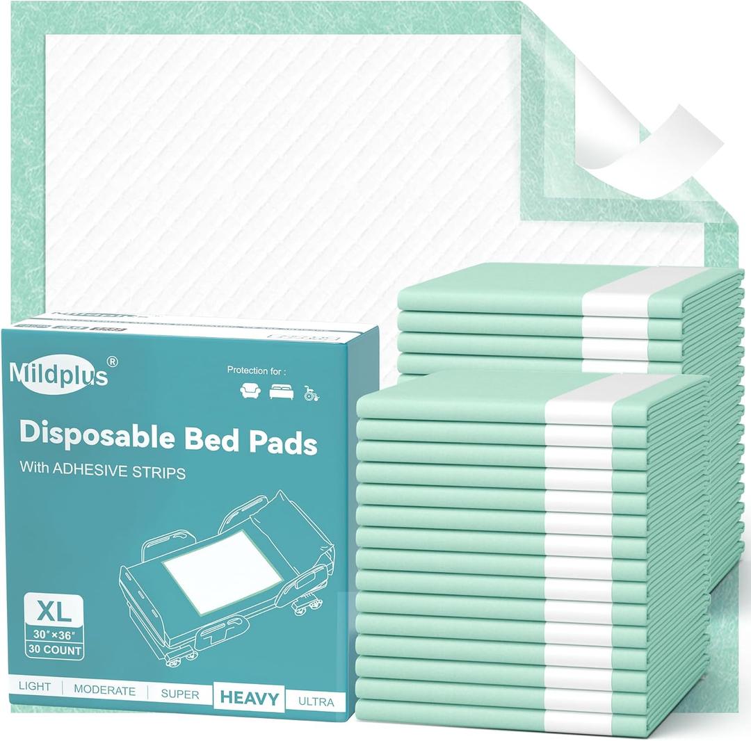 MILDPLUS Bed Pads with Adhesive Strips 30''X36'', 10 Count Chucks Disposable Underpads Extra Large Thicker Incontinence Pads for Unisex Adult, Senior, Kids and Pet (with Adhesive )