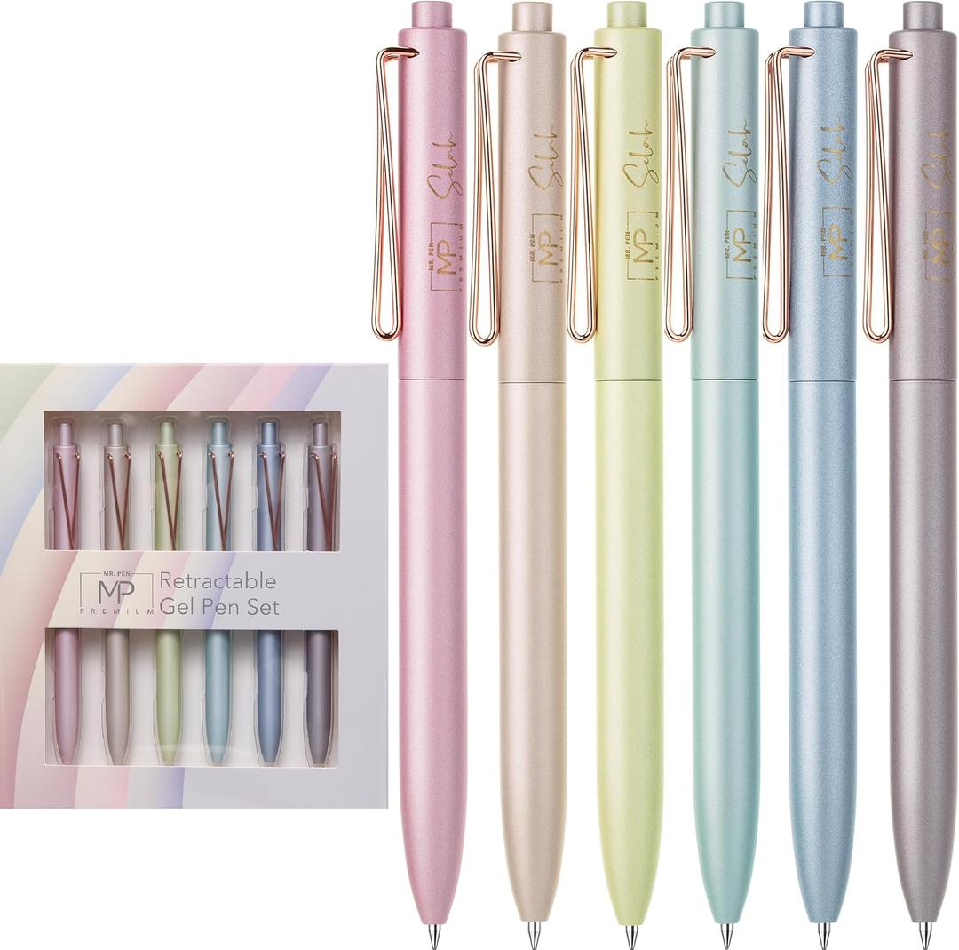 Mr. Pen- Retractable Gel Pens, 6 Pack, Black Ink, Metallic Colorful Barrels, Fine Point 0.7mm, Fast Dry, Smooth Writing, Cute Pens for Drawing, Writing Planner and School Supplies
