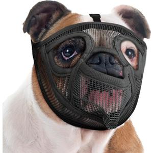 Mayerzon Soft Mesh Short Snout Dog Muzzle：Grooming & Walking Use for French Bulldog, Pug, Shih Tzu, English Bulldog, Allows Drinking & Feeding, Prevents Biting & Eating, M
