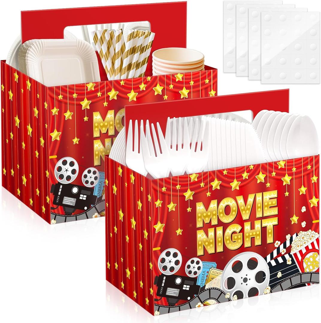 2PCS Movie Night Utensil Holder Disposable Utensil Caddy for Movie Night Supplies Cutlery Holder with Handles for Birthday Party Decorations Paper Cutlery Caddy for Cups Spoons Forks Napkins Plates