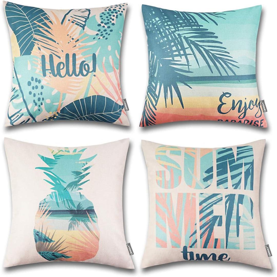 ONWAY Hello Summer Pillow Covers 18x18 Beach Theme Decorative Throw Cushion Cases for Home Patio Party Decor 18x18, Set of 4