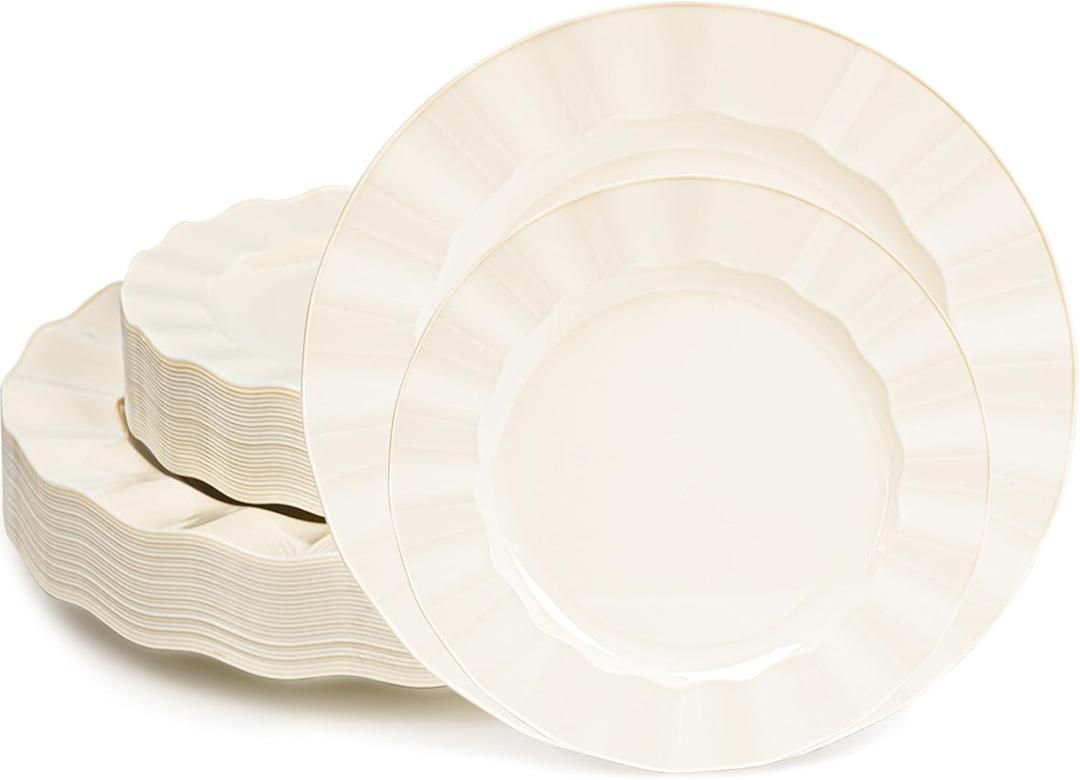 60 Pcs Ivory Plates, Wave Edge Design Disposable Plastic Plates for 30 Guests, Fancy Party Dishes 7 inch Dessert Plate and 10 inch Dinner Plate for Party, Bridal Shower