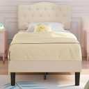 VECELO Twin Size Platform Bed Frame with Fabric Upholstered Headboard and Wooden Slats Support, No Box Spring Needed/Easy Assembly,Beige