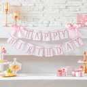 Oudain Pink and White Bow Happy Birthday Banner Garland Pink Bow Birthday Party Decorations Coquette Scalloped Embroidered First Party Cake Smash Prop for Women Baby Shower High Chair Decor